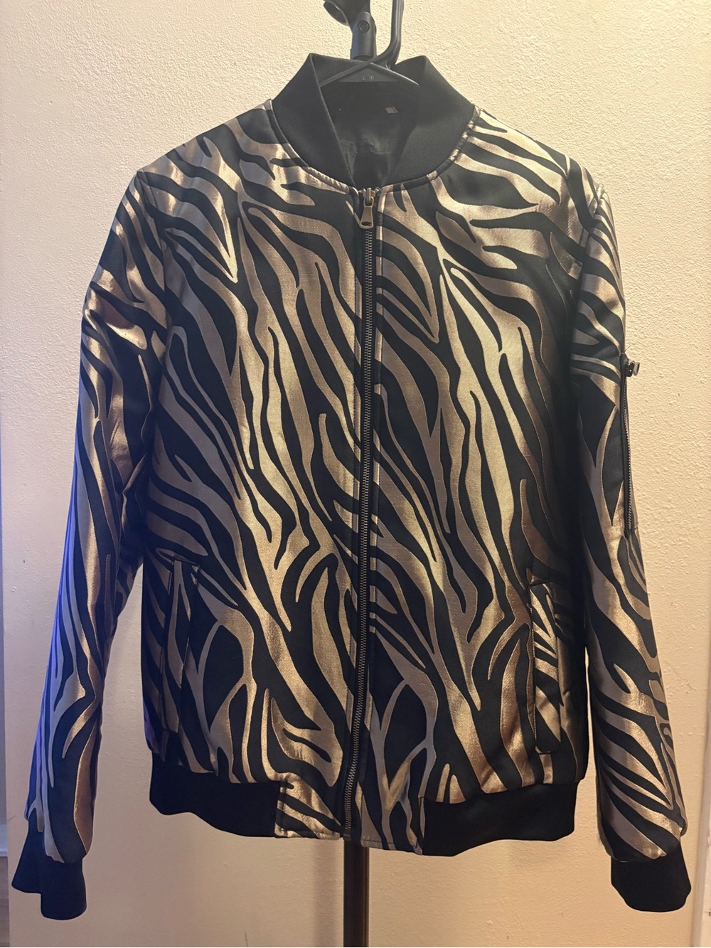 Metallic Zebra Print Bomber Jacket - Black & Gold